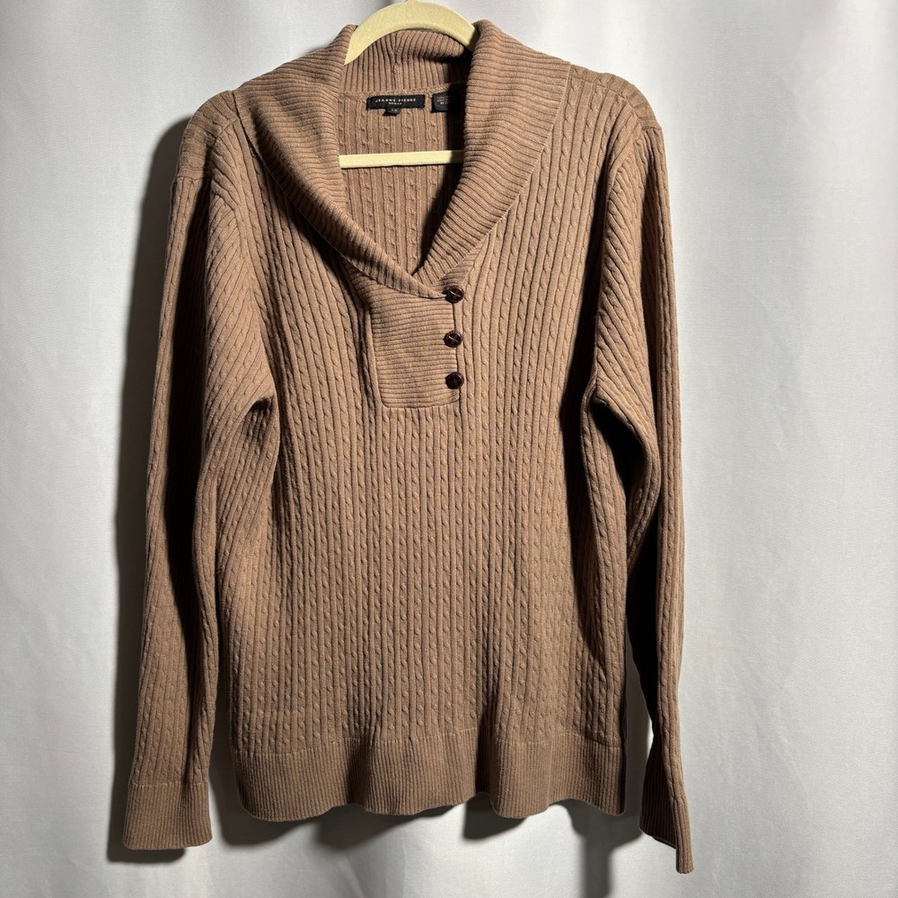 Womens 2X Tan‎ Brown Cotton Cable Knit Shawl Neck Button Sweater Academia Office